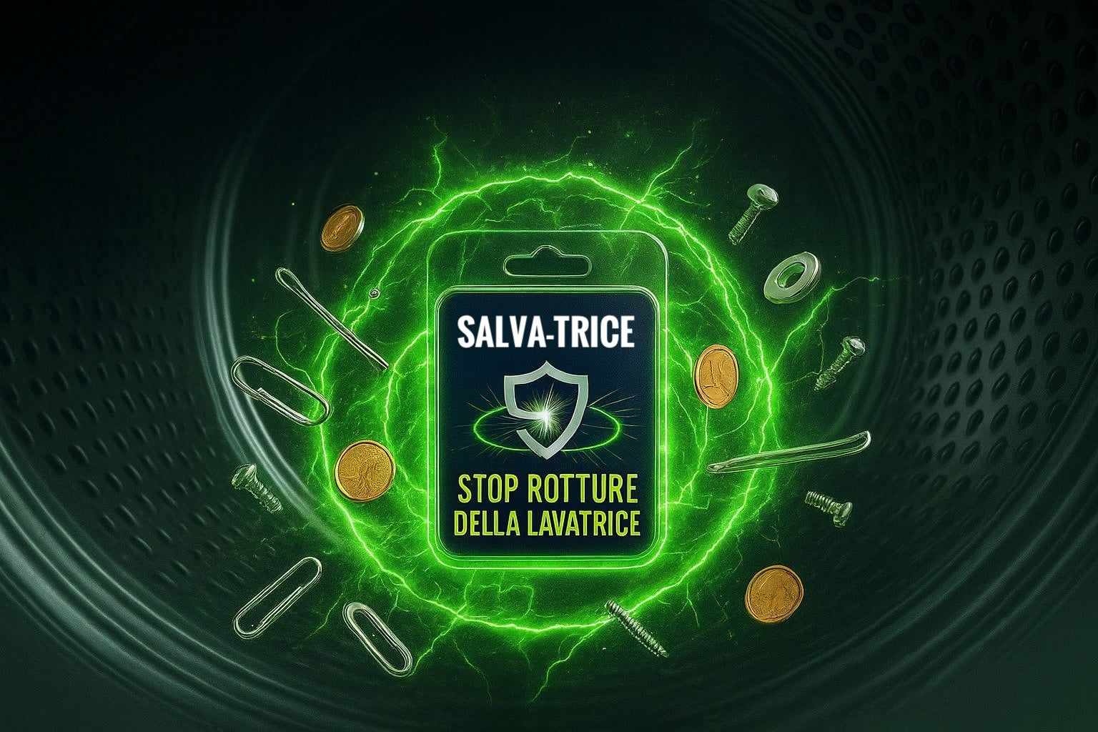 Blister Salva-Trice® in evidenza con effetto magnetico verde – il dispositivo brevettato che cattura monetine e oggetti metallici per evitare rotture della lavatrice
