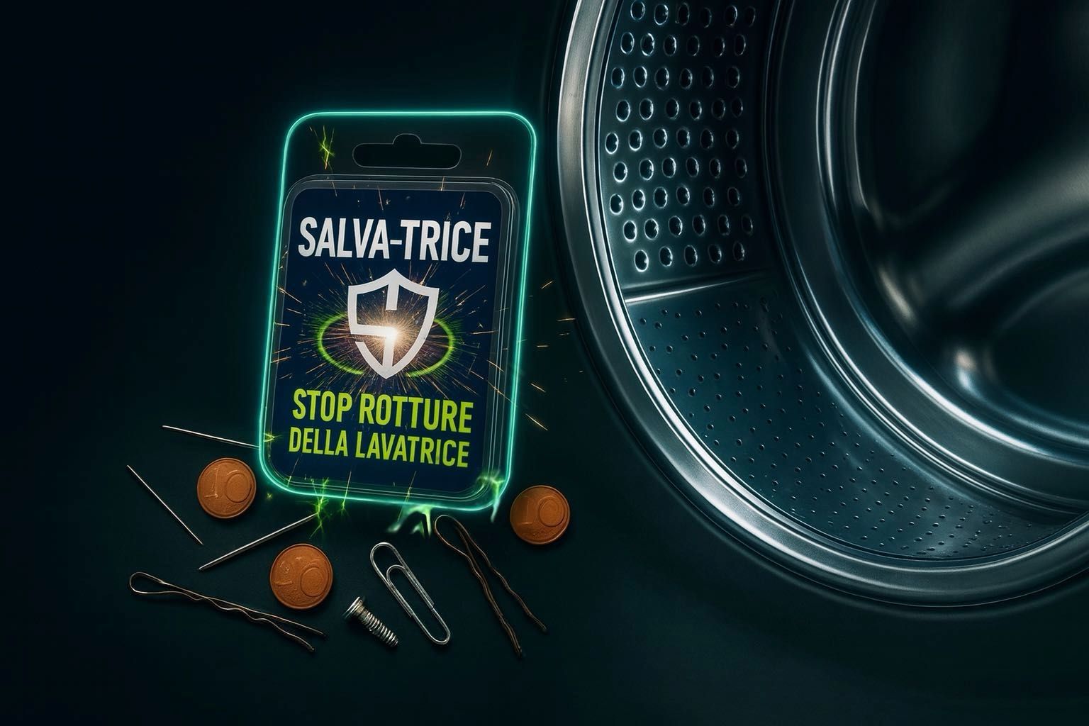 Salva-Trice® – il dispositivo magnetico brevettato che cattura monetine e oggetti metallici prima che rompano la lavatrice, proteggendo la pompa di scarico