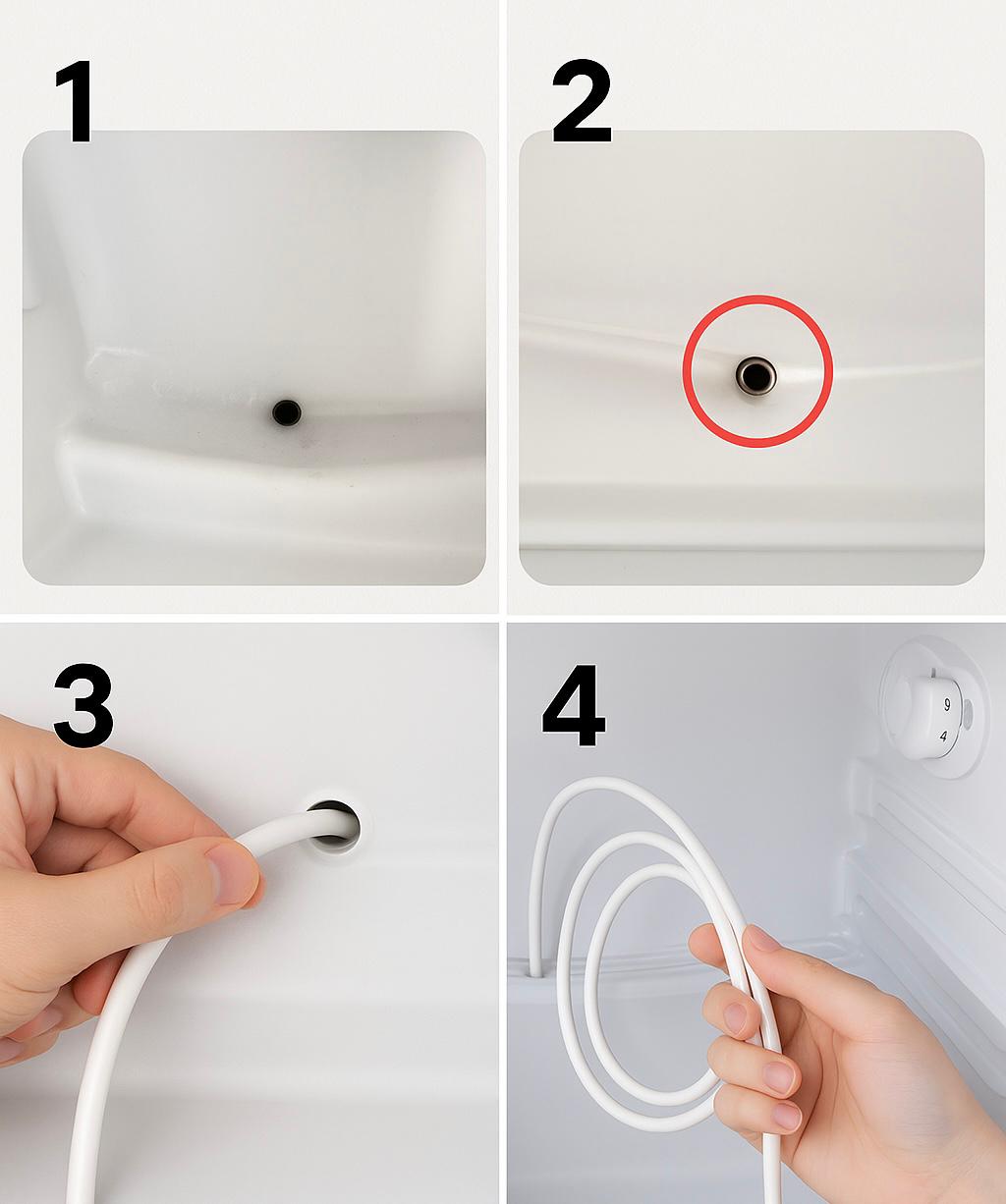 Seconda parte delle istruzioni Salva-Frigo® – inserimento del tubo nello scarico del frigorifero per liberare il condotto ostruito e favorire il corretto deflusso dell’acqua