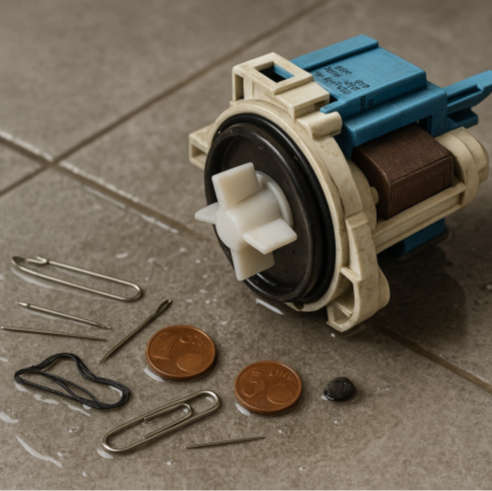 Pompa di scarico lavatrice danneggiata da monetine e oggetti metallici – esempio del problema che il dispositivo magnetico Salva-Trice® previene