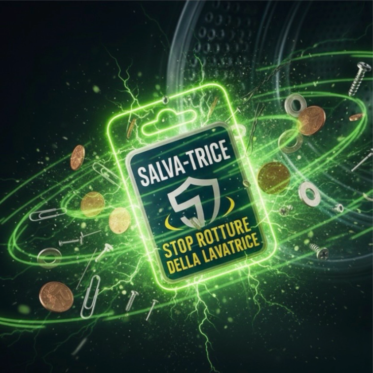 Blister Salva-Trice® in versione magnetica – il dispositivo brevettato che cattura monete e oggetti metallici per proteggere la lavatrice dalle rotture